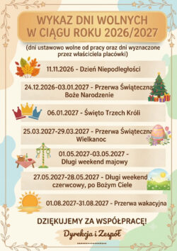 Wykaz dni wolnych w ciągu roku 2026/2027 - 11.11.2026 - Dzień niepodległości, 24.12-03.01 - Przerwa Świąteczna, 06.01.2027 - Trzech króli, 25.03-29.03 - Wielkanoc, 01.05-03.05 - Majówka, 27.05-28.05- długi weekend, 01.08-31.08 - Wakcje