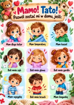 Plakat „Mamo! Tato! Pozwól zostać mi w domu, jeśli:” z listą objawów chorobowych dziecka: długo trwający katar, temperatura, kaszel, ból zęba, ból głowy, ból gardła, wysypka, ból brzucha, biegunka
